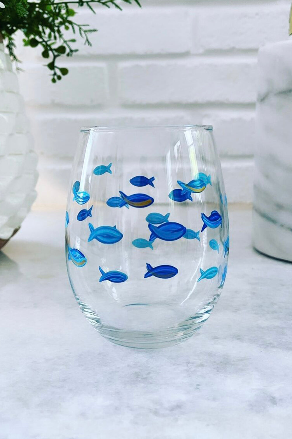 DJ Stemless Wine Glass - Blue Fish