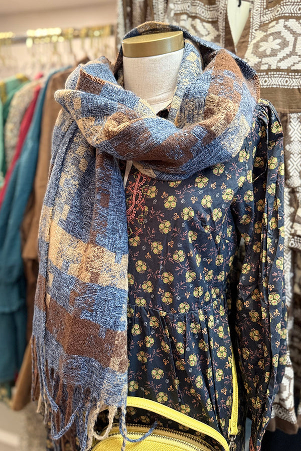 Thin Plaid Scarf - Blue + Tan