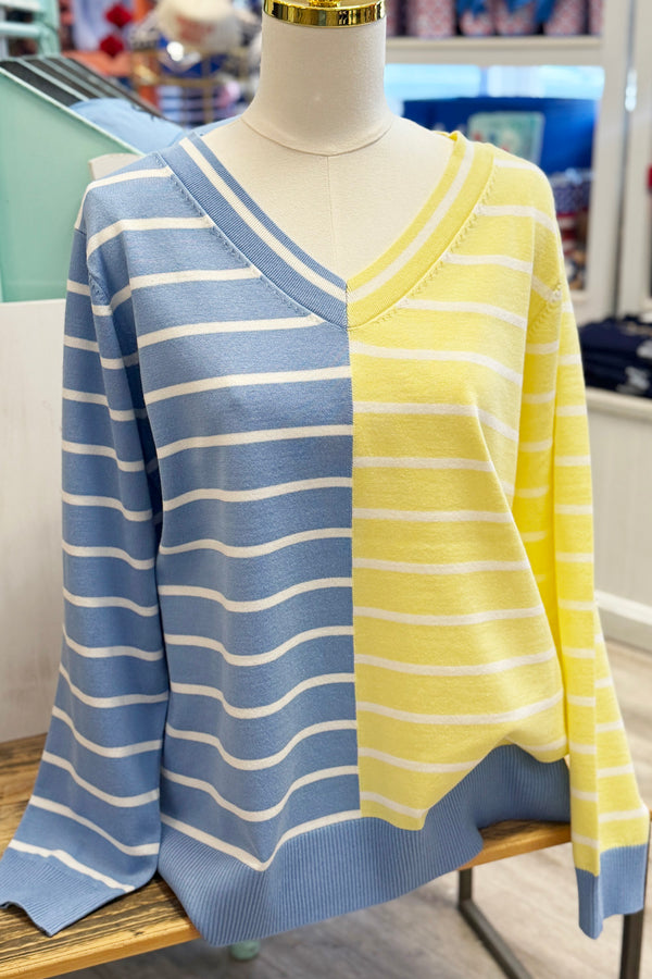 Camille V-Neck Sweater - Yellow + Blue