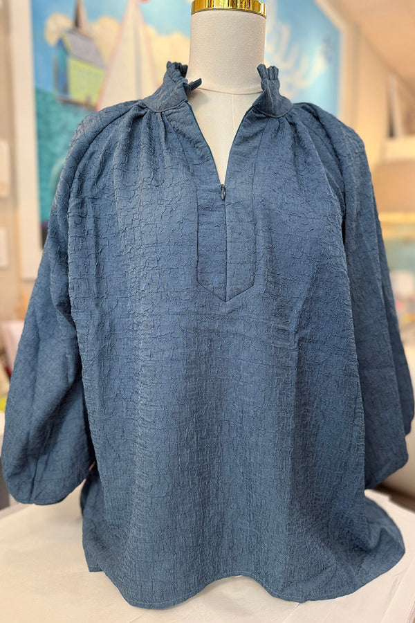 Textured Split Neck Balloon Sleeve Blouse - Slate Blue