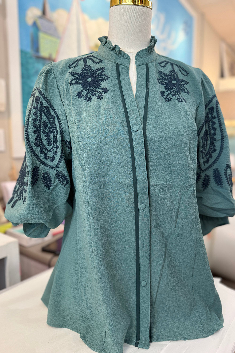 Embroidery Ruffle Top - Lagoon