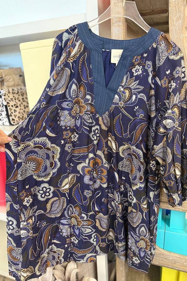 Floral Paisley Split Neck Mini Dress - Navy