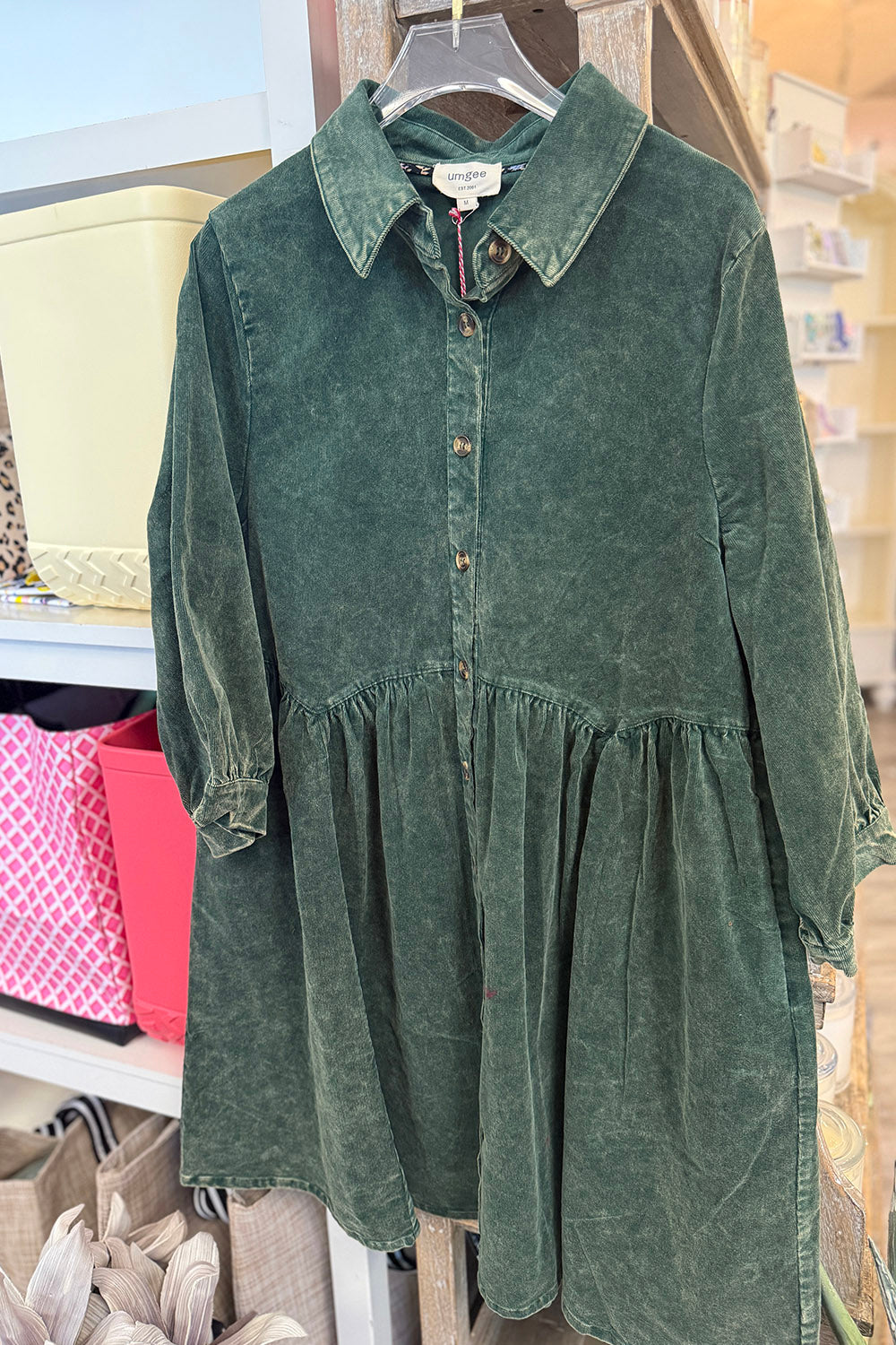 Mineral Wash Babydoll Shirt Dress - Emerald