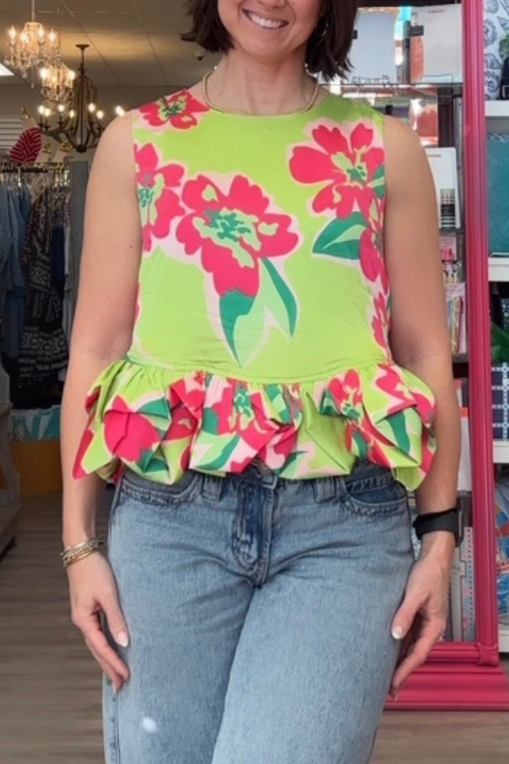 CC Satin Floral Bubble Top - Lime Green