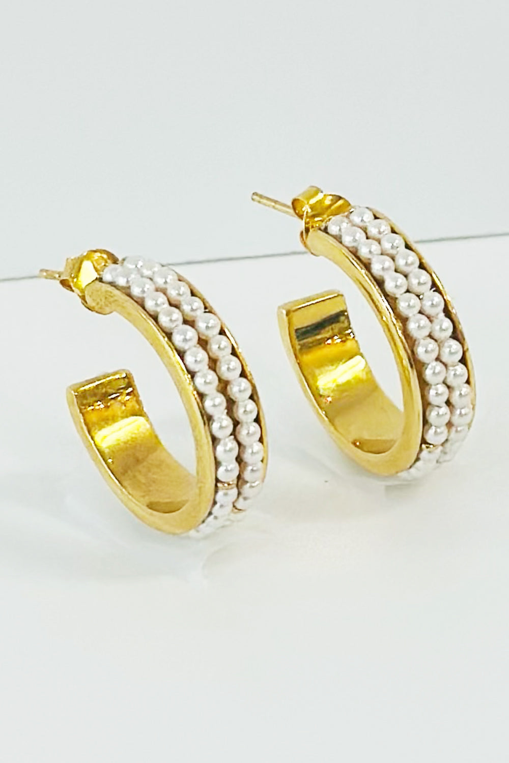 Double Pearl Row Gold Hoop Earring