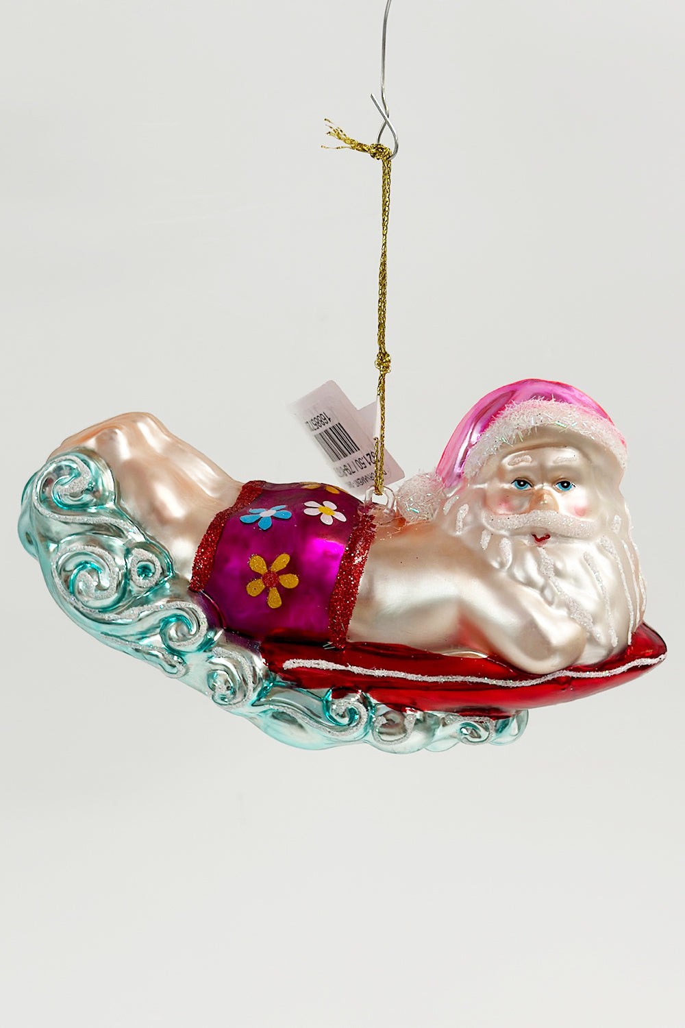 Glass Ornament - Santa on Boogie Board