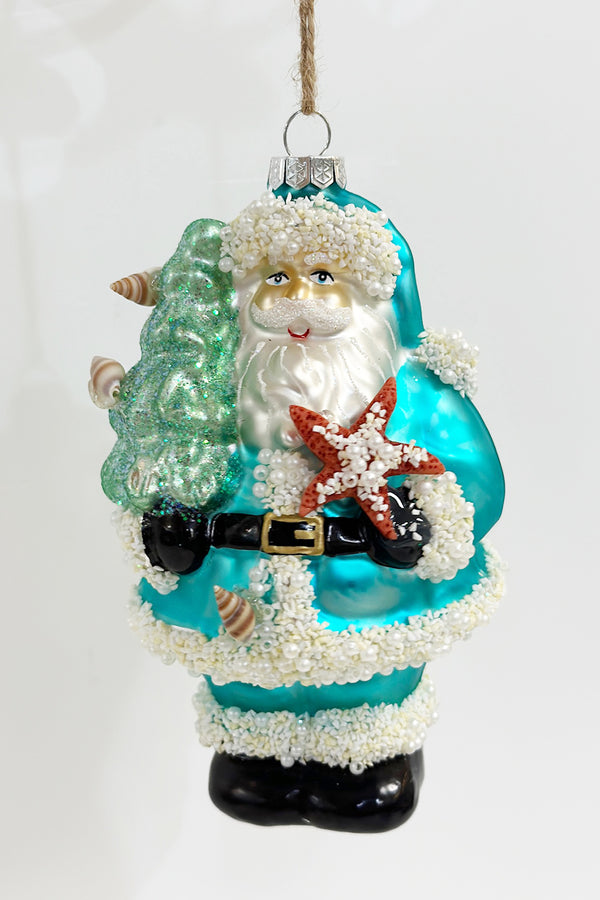 Glass Ornament - Blue Santa with Coastal Tree