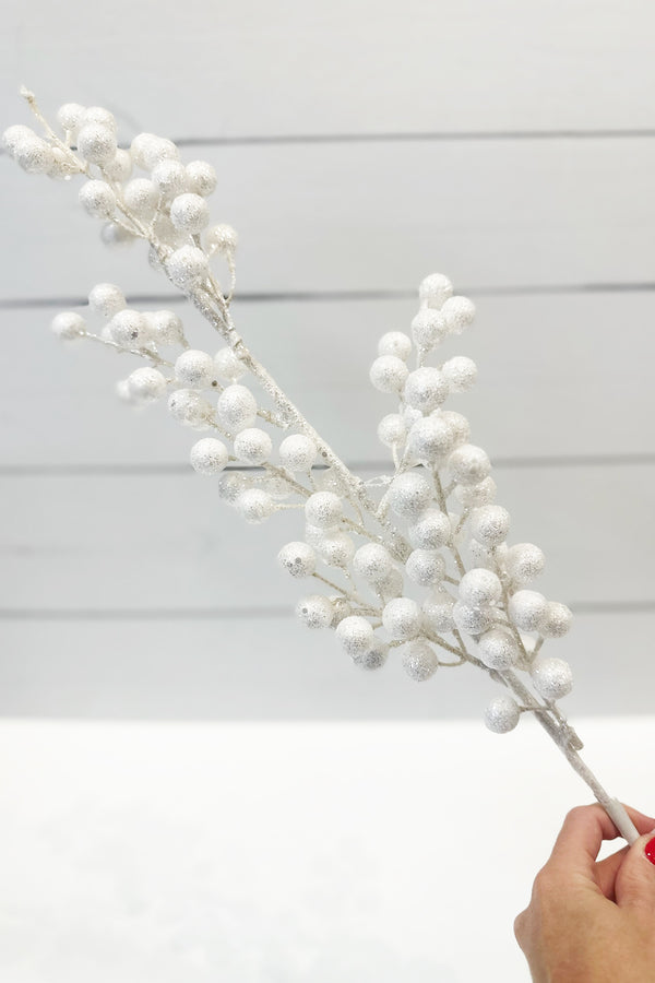 Glittered Cluster Berry Spike Spray - White