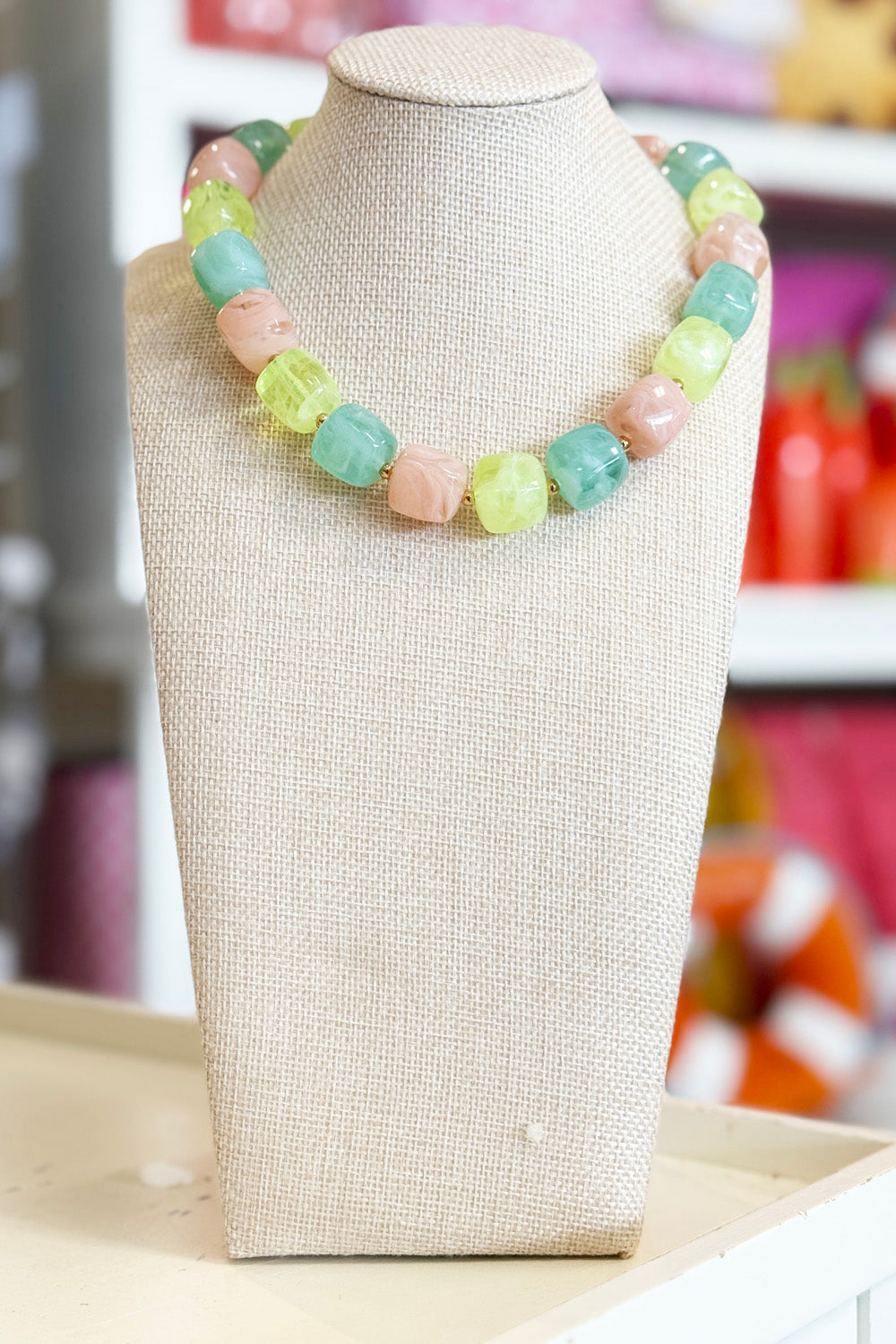 Thick Cube Necklace - Lime + Peach