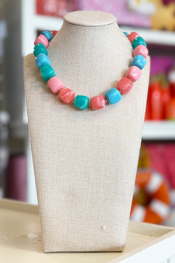 Thick Cube Necklace - Coral + Aqua