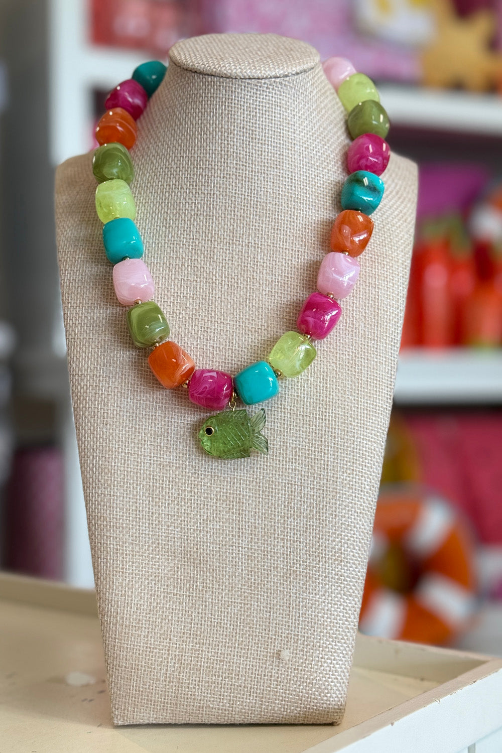 Thick Cube Necklace - Rainbow + Sage Fish