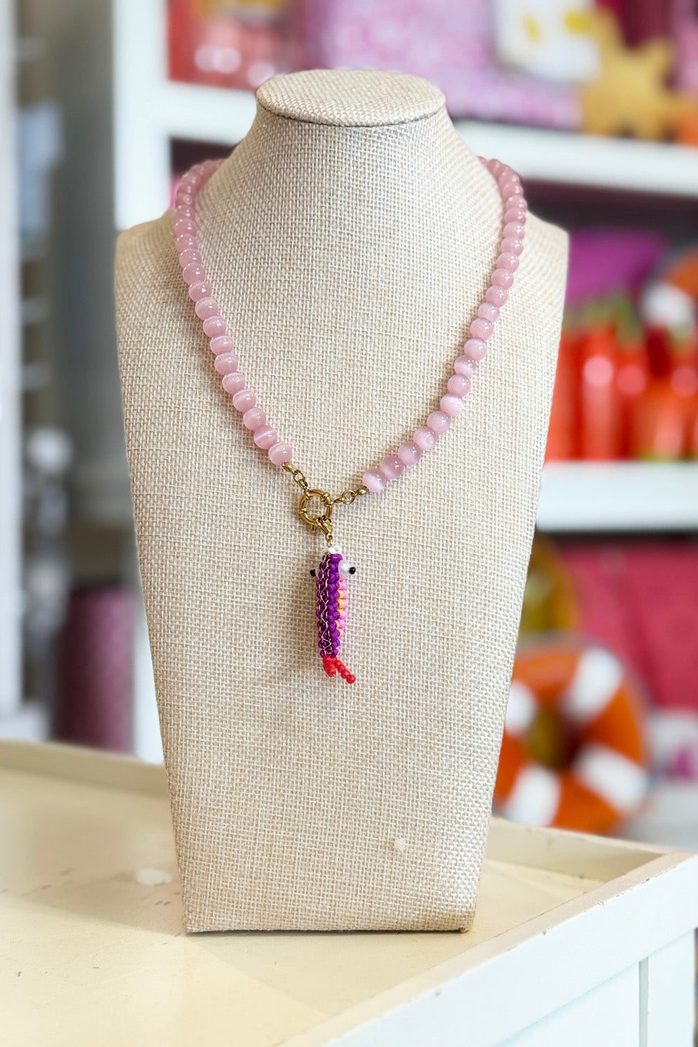 Rebecca Necklace - Pink + Beaded Fish