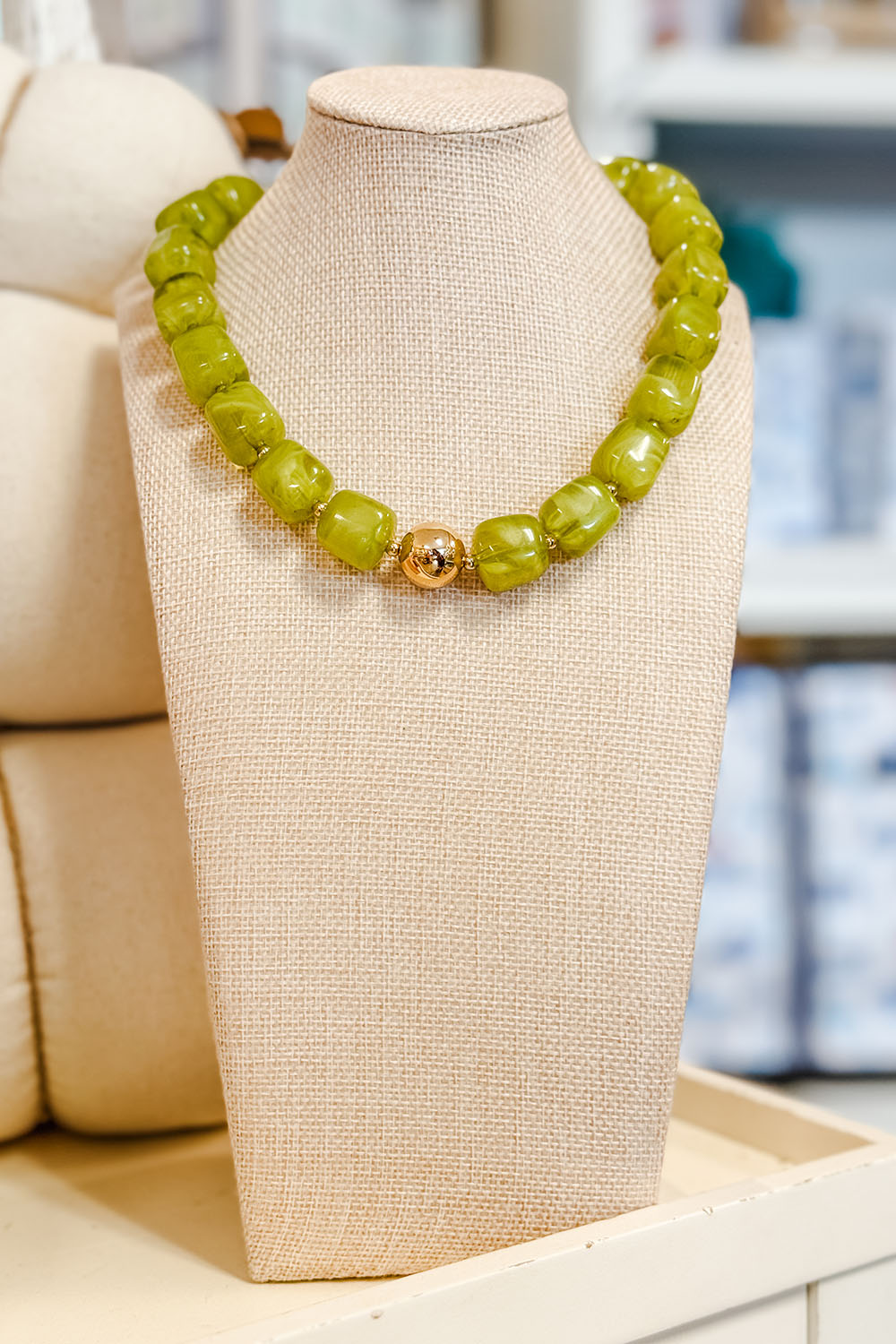 Thick Cube Necklace - Chartreuse with Gold