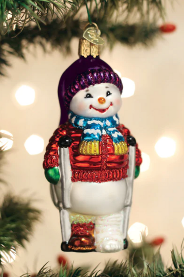 Glass Ornament - Snowman with Crutches