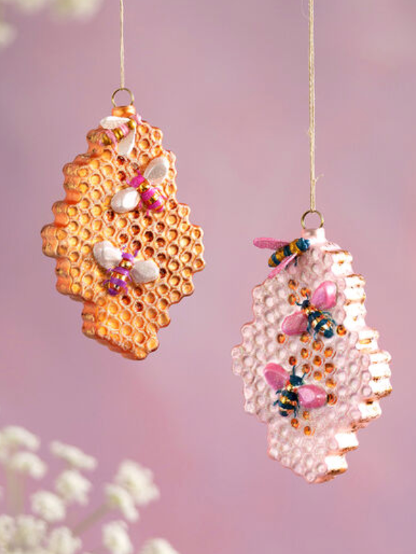 Glass Ornament - Honeycomb with Bees