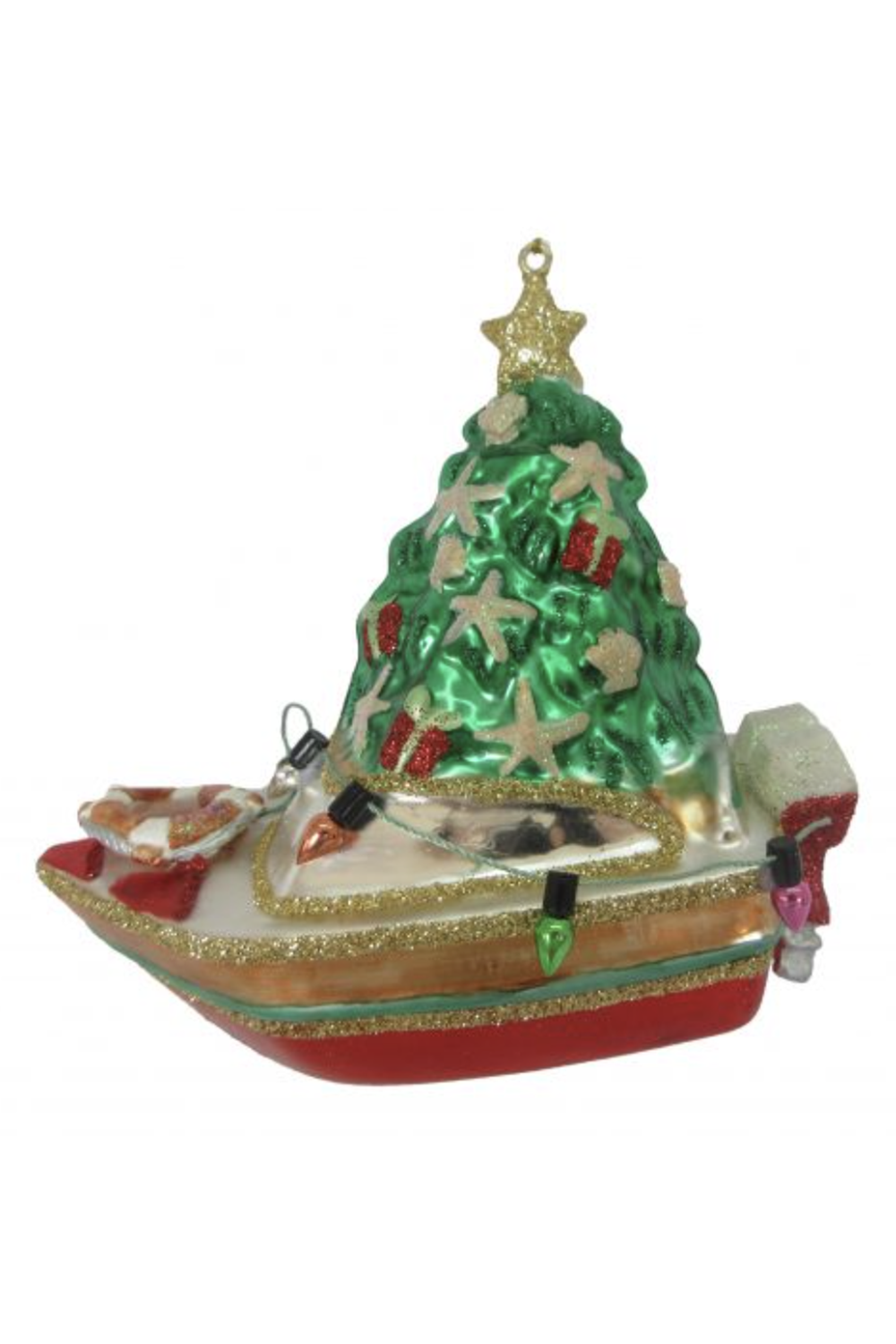 Glass Ornament - Gold Boat with Tree