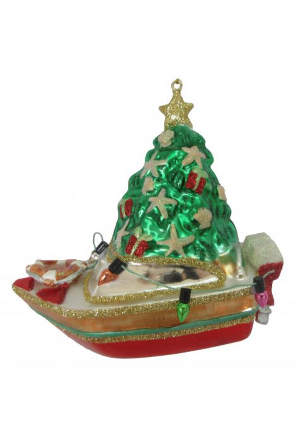 Glass Ornament - Gold Boat with Tree