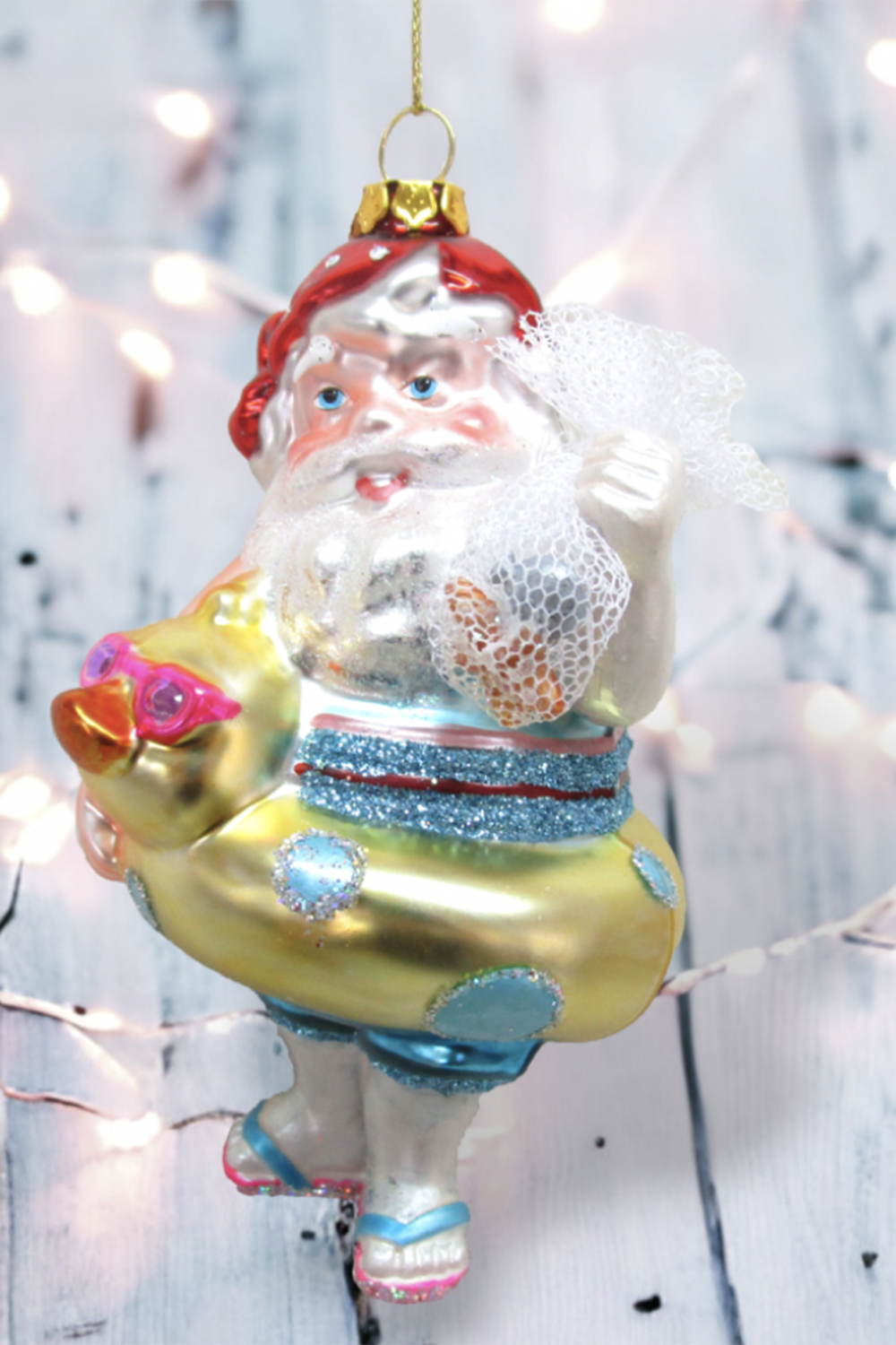 Glass Ornament - Beach Santa in Duck Float