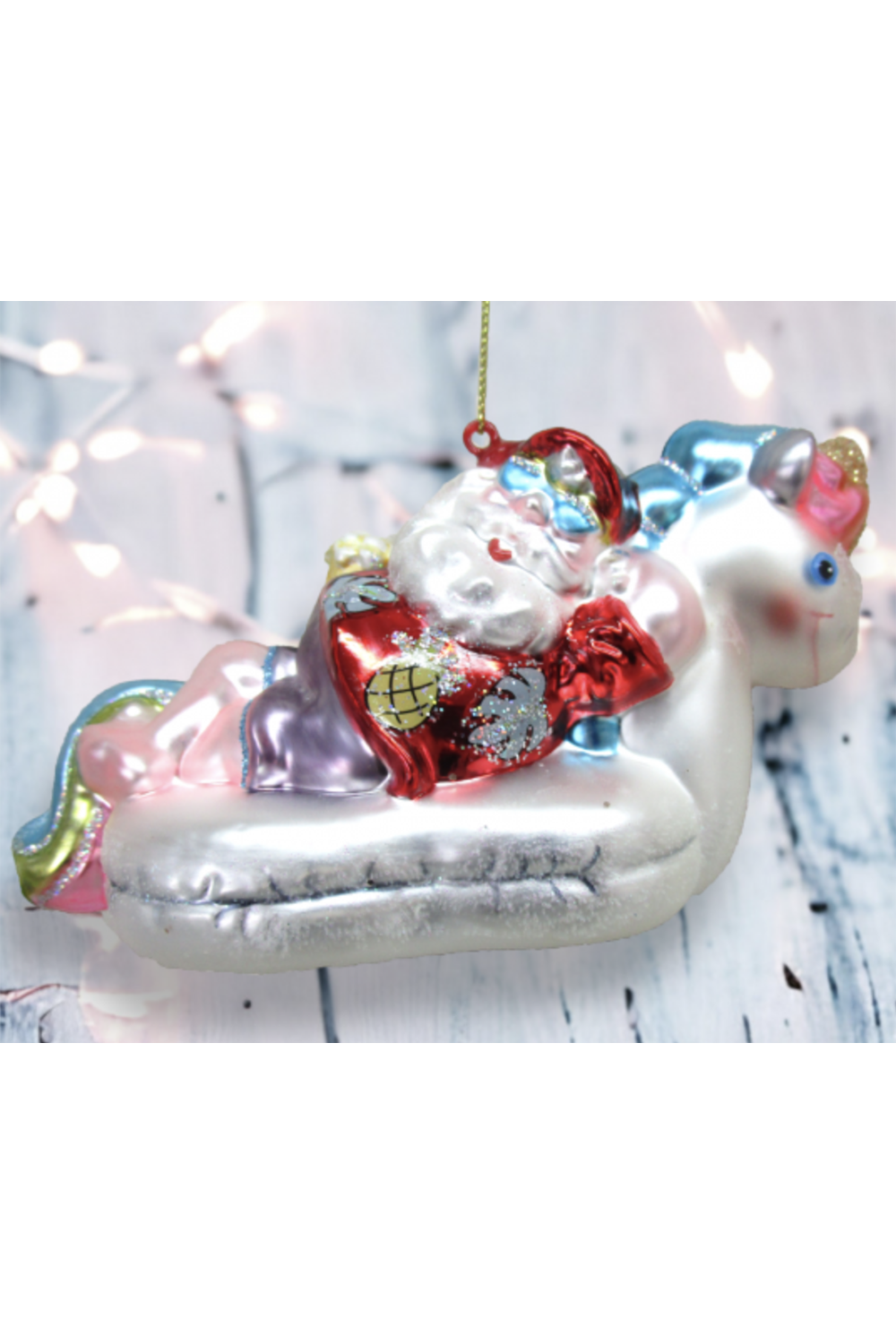 Glass Ornament - Santa Lounging in Unicorn Float