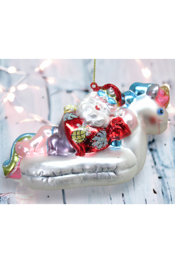 Glass Ornament - Santa Lounging in Unicorn Float