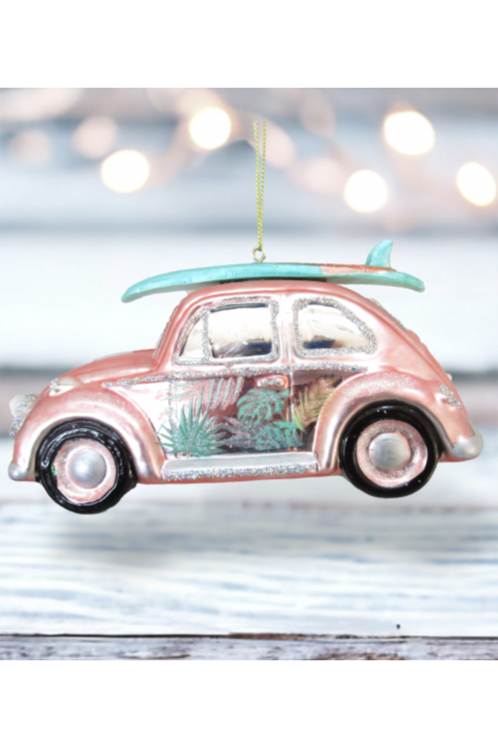 Glass Ornament - Coral VW Bug with Surfboard