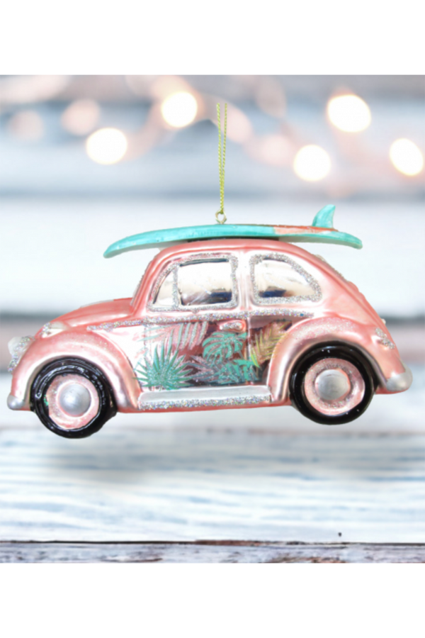 Glass Ornament - Coral VW Bug with Surfboard