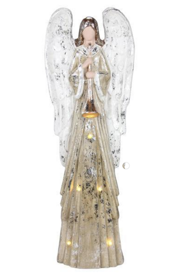Lighted Angel with Horn Figure - Silver / Gold