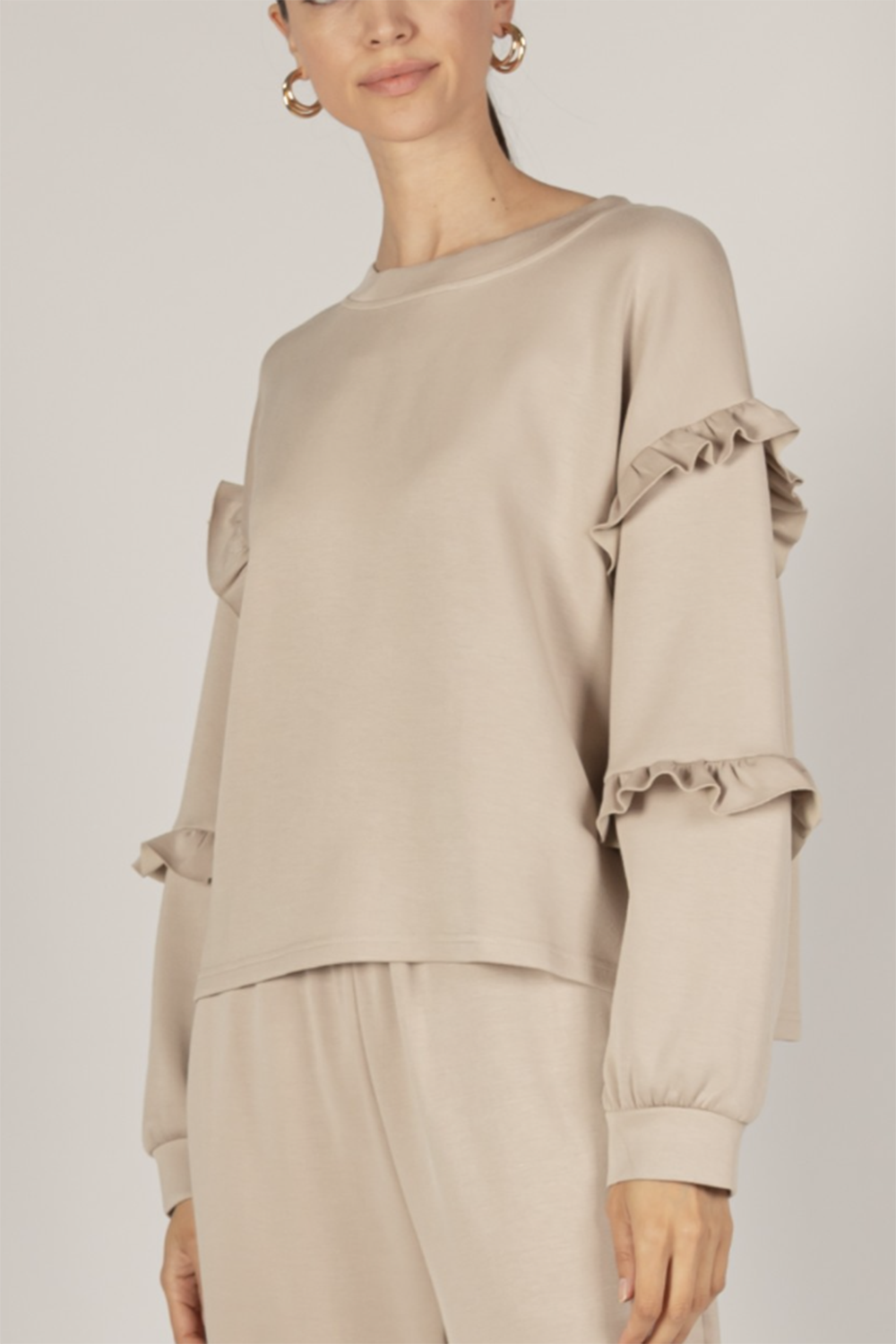 Butter Modal Long Sleeve Ruffled Top - Taupe