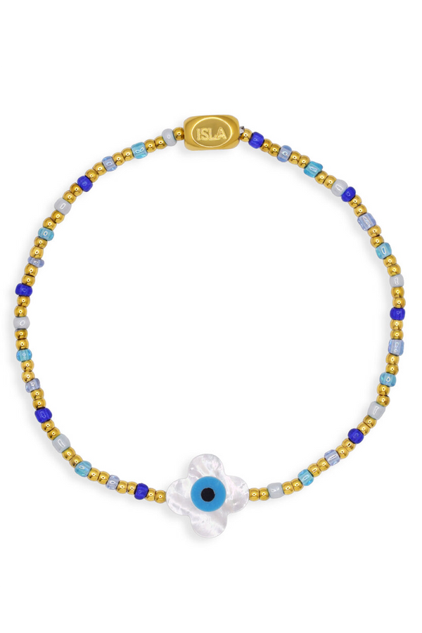 ISLA Stretch Gold Bracelet - Meditteranean Aqua Azure MOP Clover