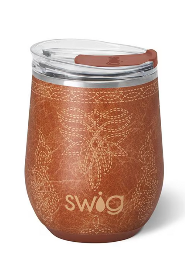 Modern Stemless Wine Tumbler - Saddle Stitch Cognac