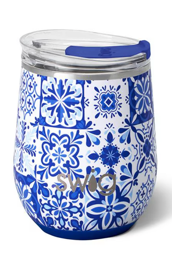 Modern Stemless Wine Tumbler - Indigo Tiles