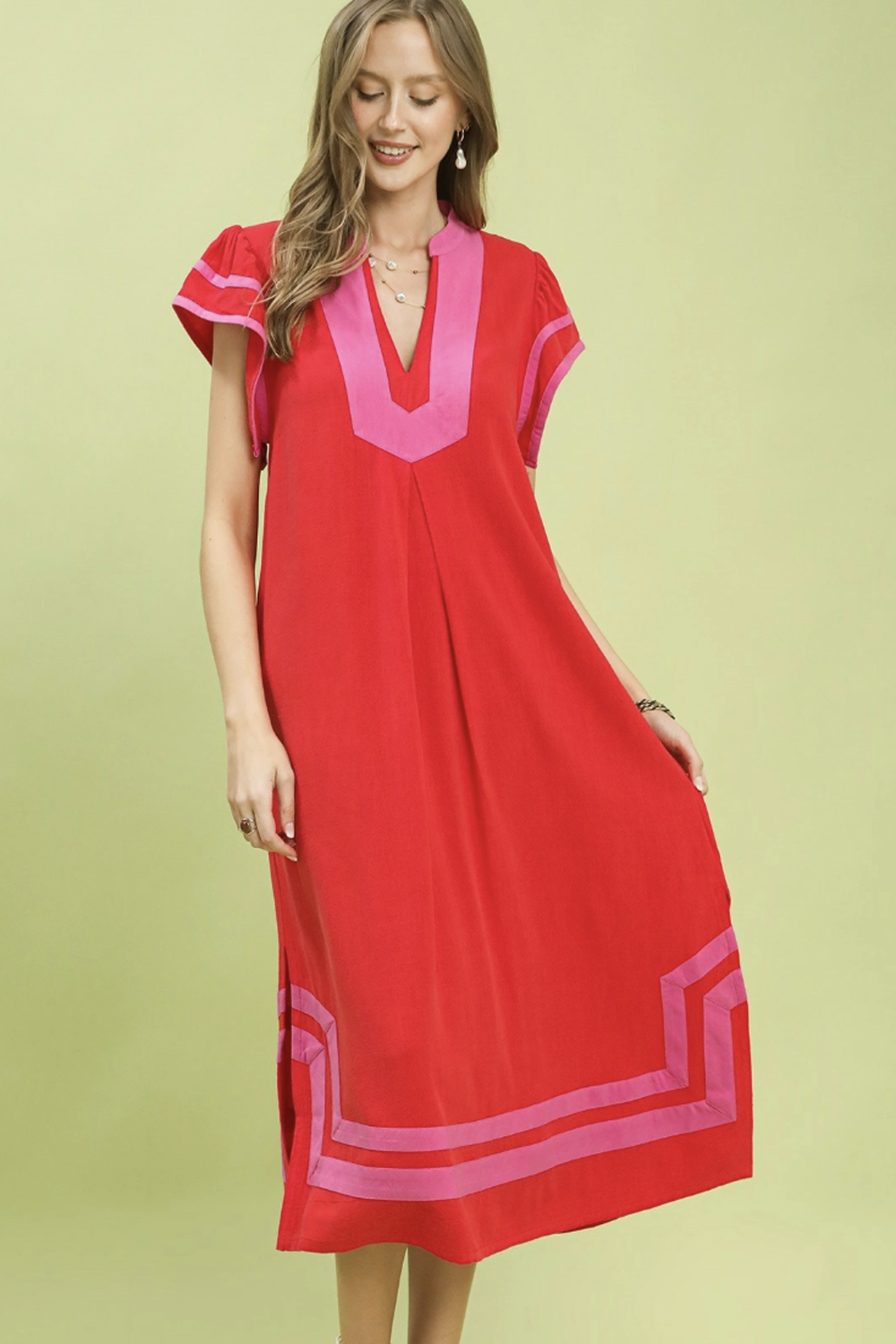 Contrast V Neckl Maxi Dress - Red