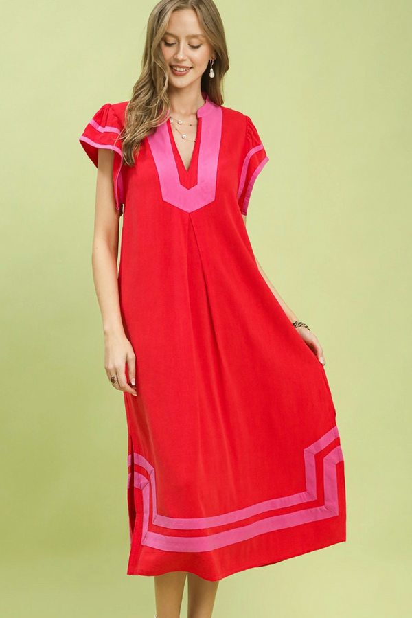 Contrast V Neckl Maxi Dress - Red