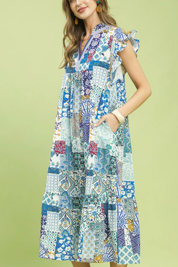 Patchwork Maxi Dress - Blue Mix
