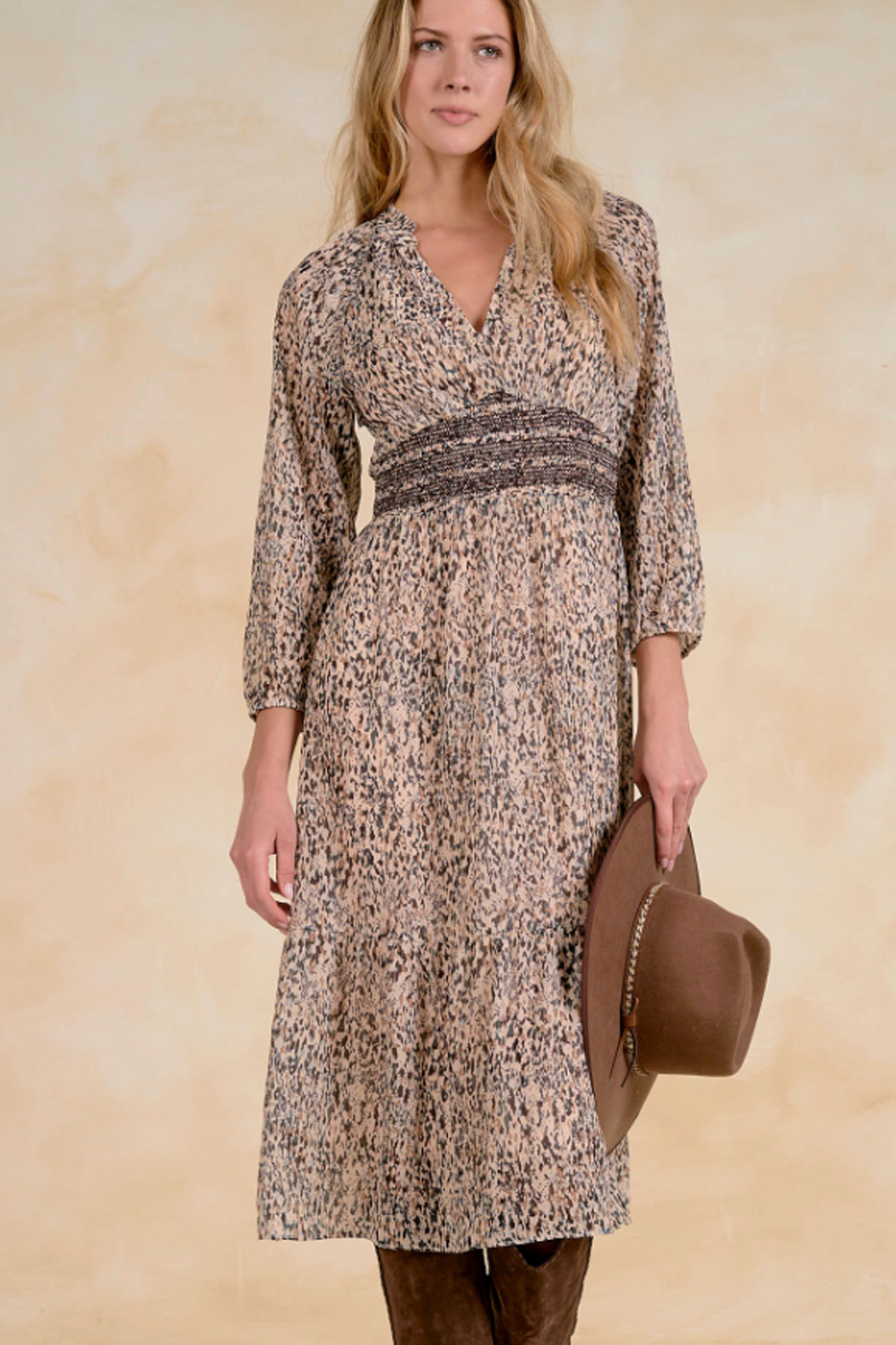 EL Midi V-Neck Dress - Brown Lia