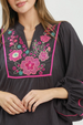 Floral Embroidered Split Neck Babydoll Blouse - Charcoal
