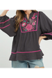 Floral Embroidered Split Neck Babydoll Blouse - Charcoal