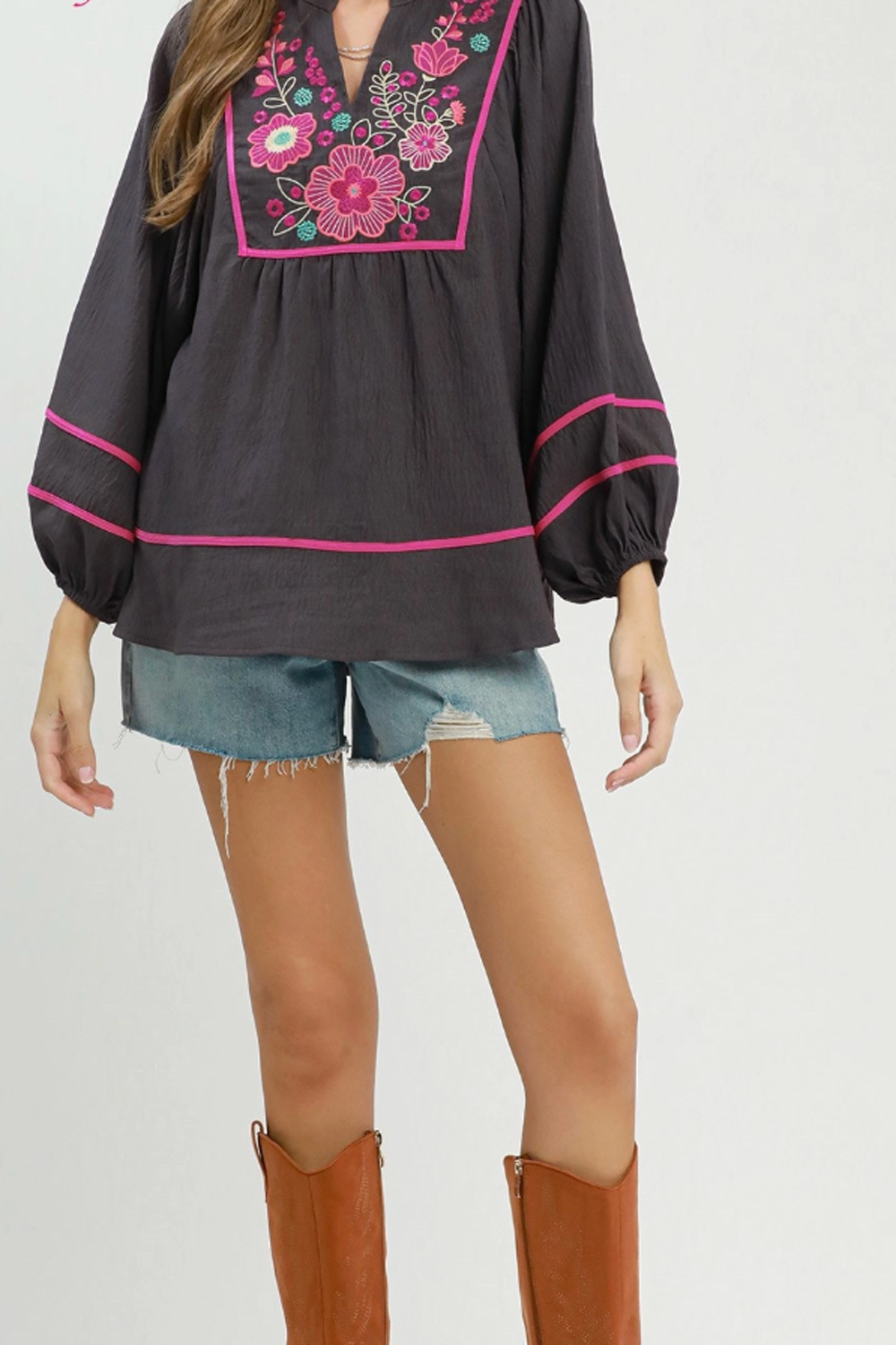 Floral Embroidered Split Neck Babydoll Blouse - Charcoal