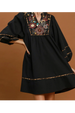 Floral Embroidered Contrast Trim Babydoll Dress - Black