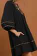 Floral Embroidered Contrast Trim Babydoll Dress - Black
