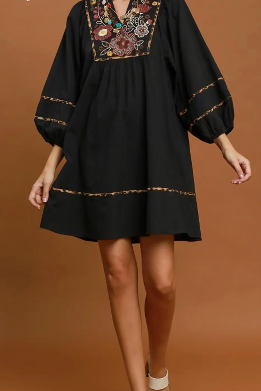 Floral Embroidered Contrast Trim Babydoll Dress - Black