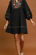 Floral Embroidered Contrast Trim Babydoll Dress - Black