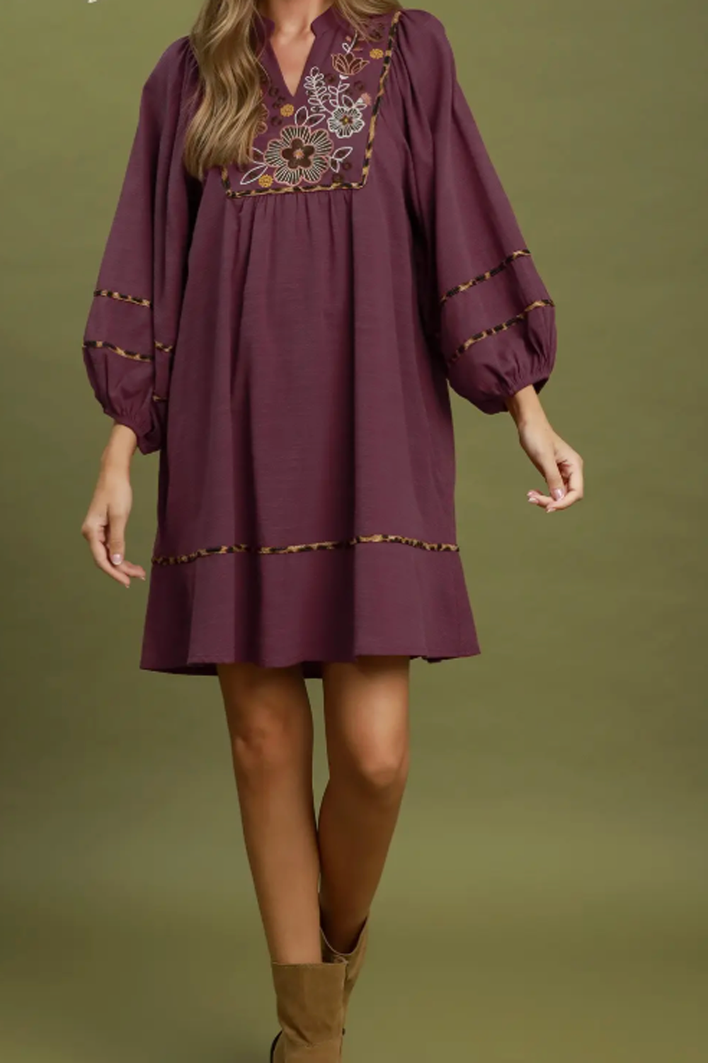 Floral Embroidered Contrast Trim Babydoll Dress - Merlot