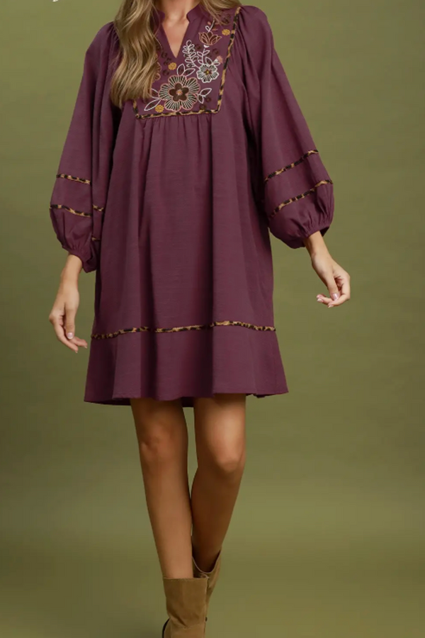 Floral Embroidered Contrast Trim Babydoll Dress - Merlot