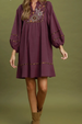 Floral Embroidered Contrast Trim Babydoll Dress - Merlot