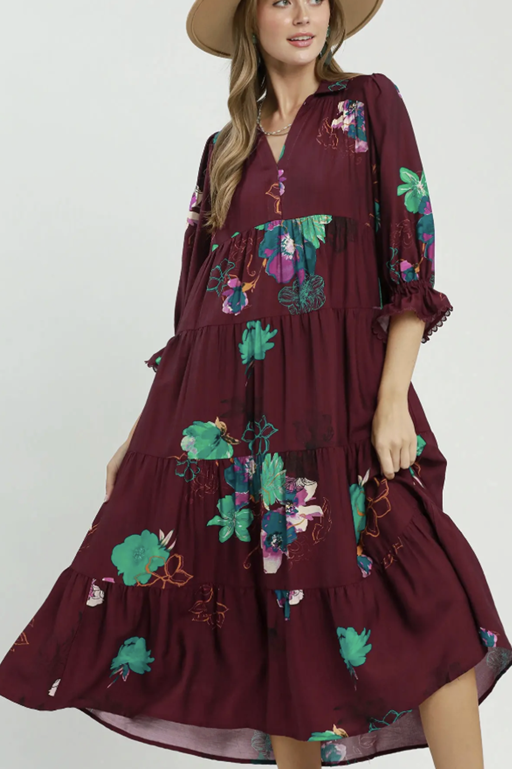 Floral Tiered Midi Dress with Puff Sleeves - Burgundy Mix