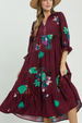 Floral Tiered Midi Dress with Puff Sleeves - Burgundy Mix