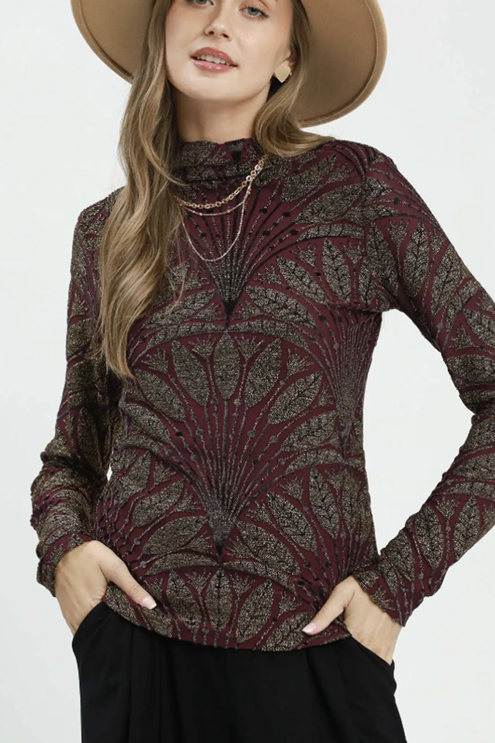 Metallic Botanical Mock Neck Knit Top - Burgundy