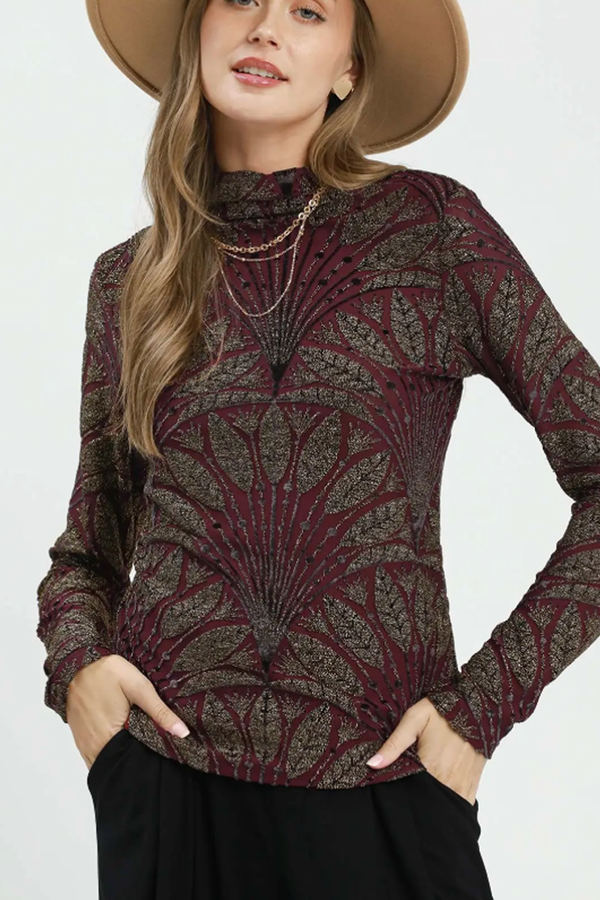 Metallic Botanical Mock Neck Knit Top - Burgundy