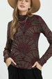 Metallic Botanical Mock Neck Knit Top - Burgundy